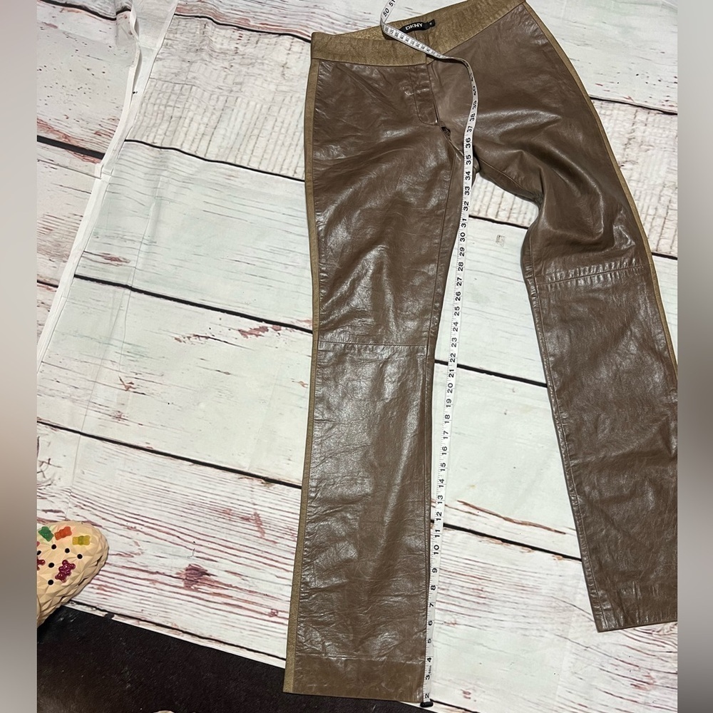 DKNY women’s 100% leather boot cut tuxedo trim pants size 6 Brown Vintage Y2K - Picture 12 of 16